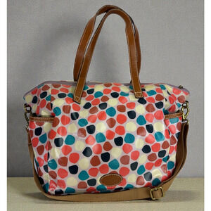 *Flawed Fossil Multicolor Geo Dot Print Coated Satchel Tote Bag Zip Top w/ Strap